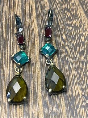 Tri-Stone Drop Dangle Earrings in Olive, Teal & Burgundy